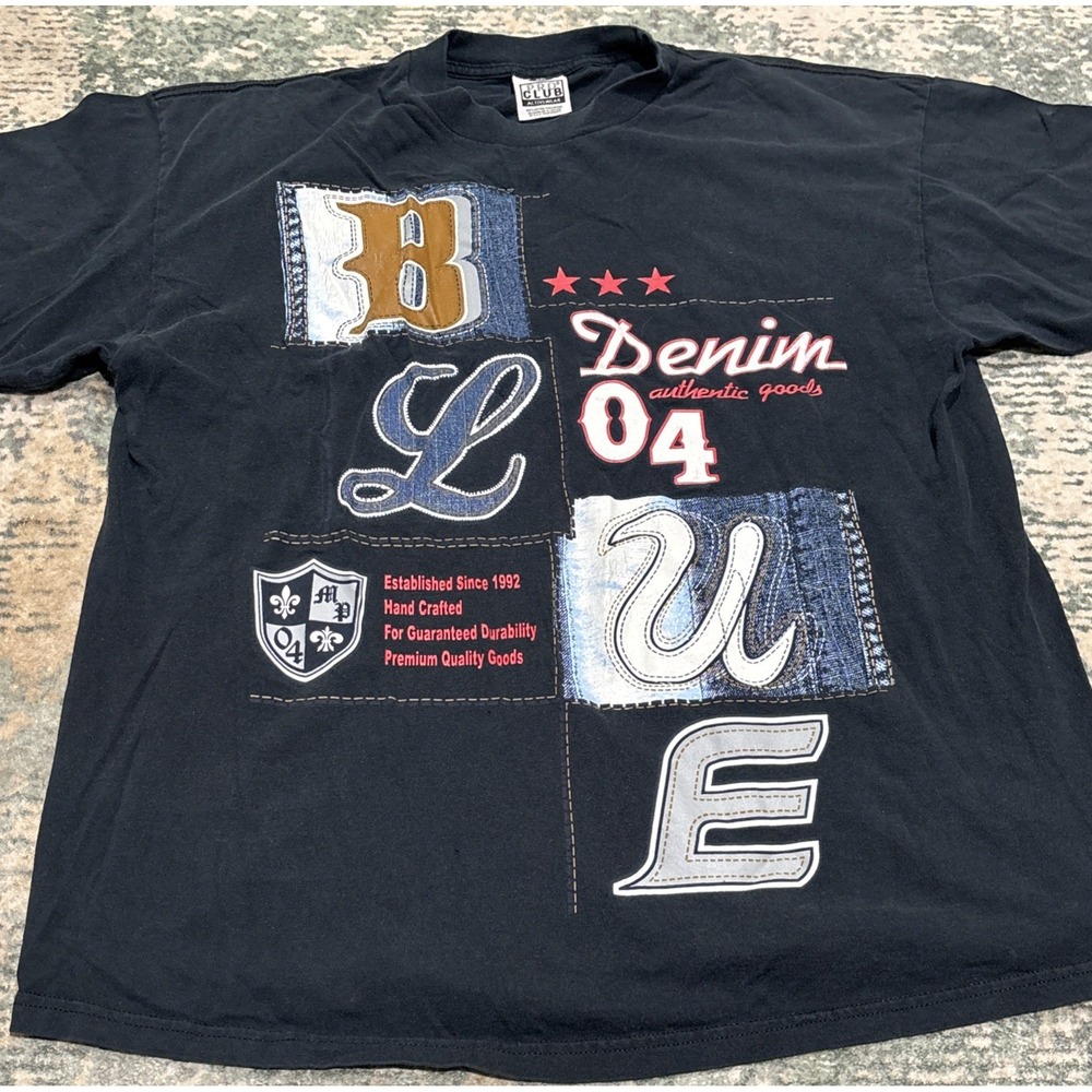Vintage Y2K Pro Club Heavyweight Graphic Tee Faux Denim Patchwork Streetwear 2XL